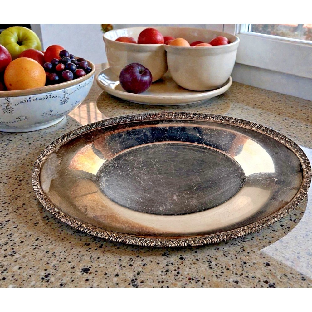 Vintage Silver Plated Oval Serving Tray Rose Rim Victorian Style 13